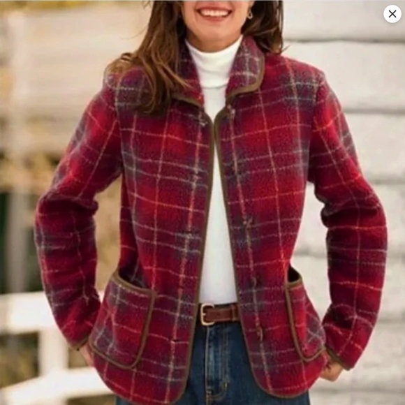 Orvis Plaid Sherpa Fleece Jacket L Red Chore Coat Equestrian Old Money Fall - Picture 1 of 11